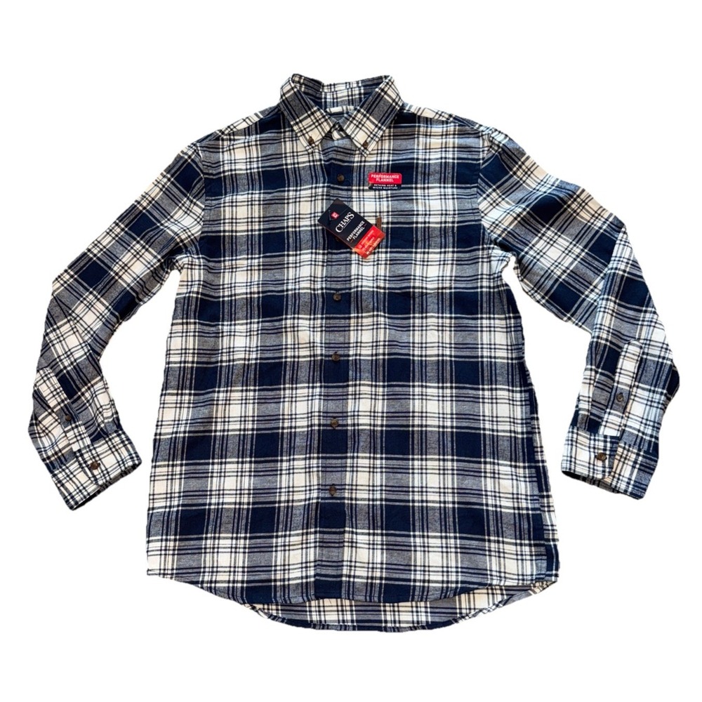 Chaps Flannel Performance Shirt Men's Medium Navy Blue Plaid Button Up Shirt NWT